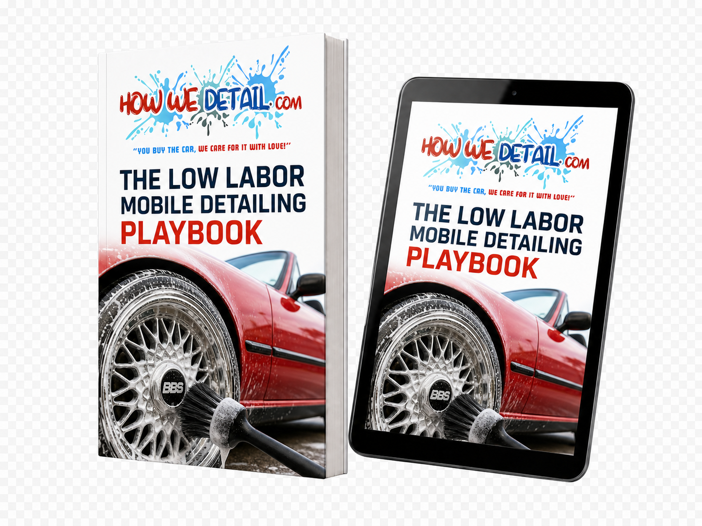 Transparent print book and ebook showing the official How We Detail logo and a chrome BBS wheel on a red BMW convertible being cleaned