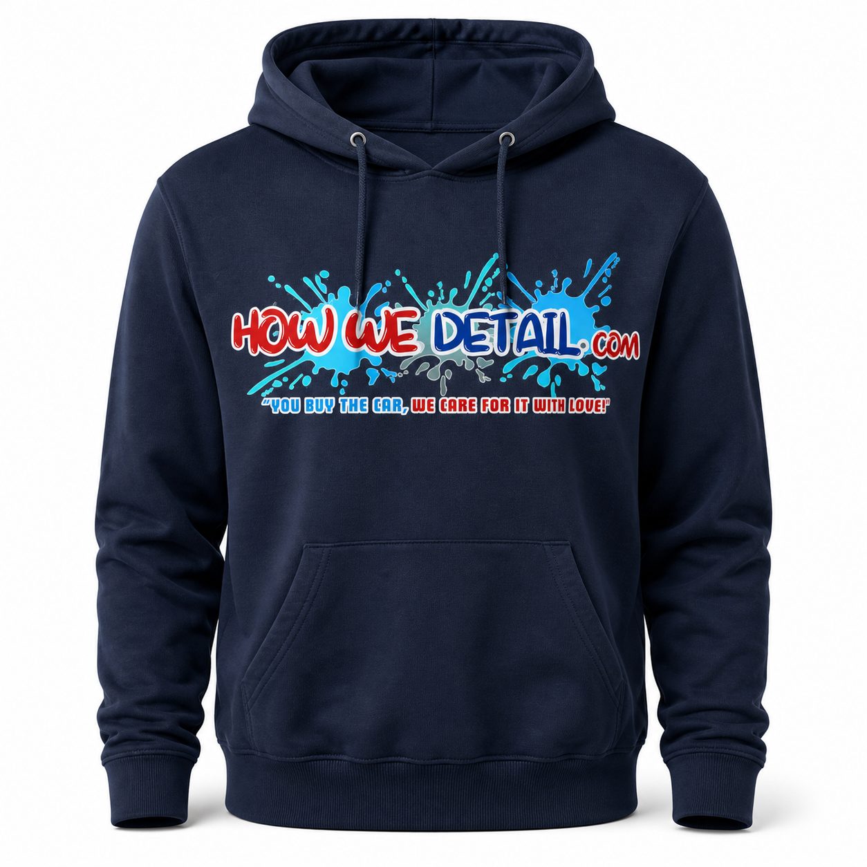 Navy pullover hoodie featuring the official How We Detail logo